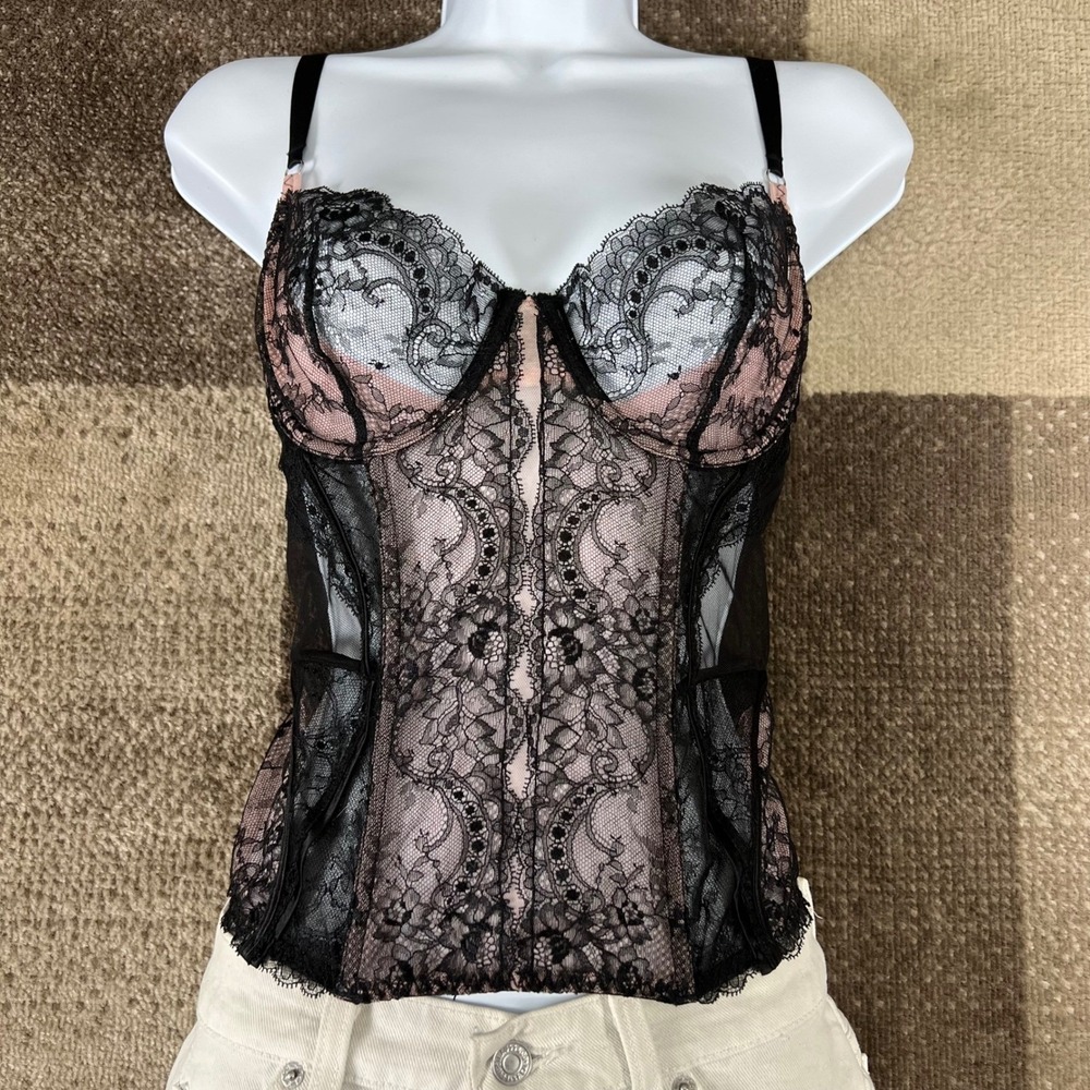 Victorias Secret Black Pink Lace Corset Bustier Bra Top Corsetry Style 34C
